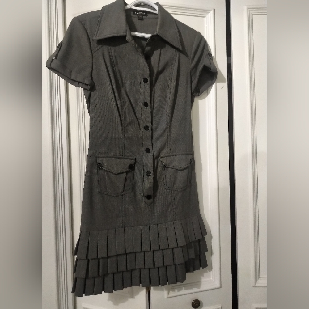 Bebe Gray Pleated A-Line Mini Dress